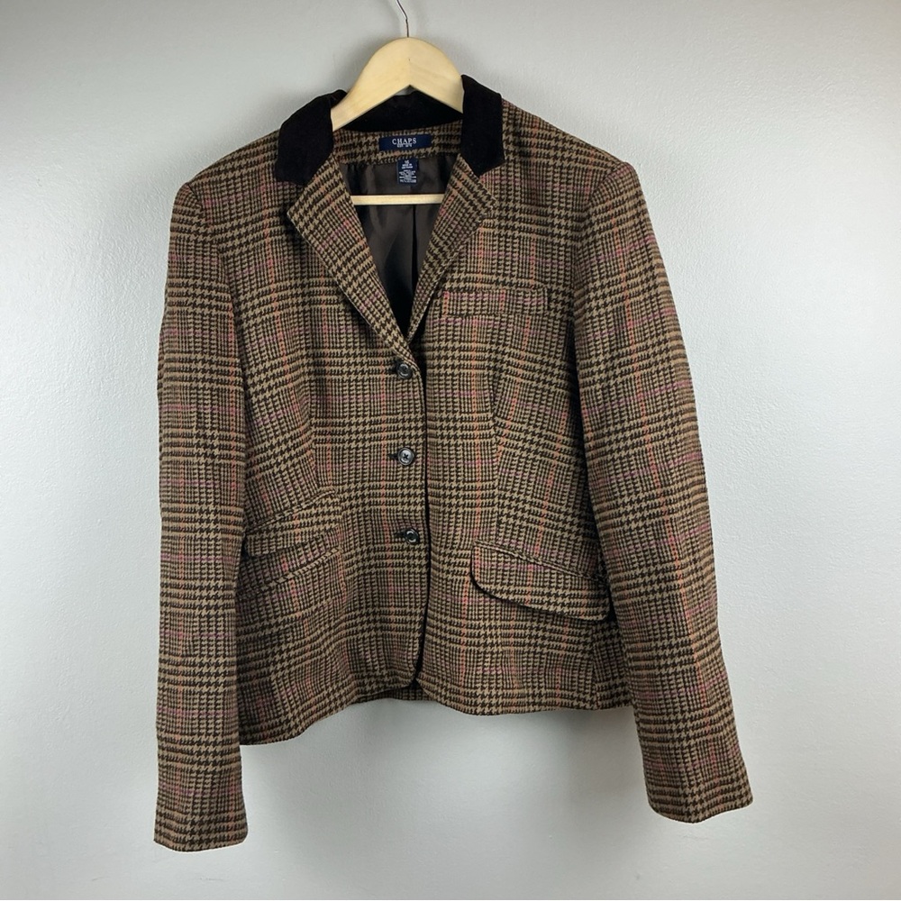 CHAPS Women’s Wool Blend Brown Houndstooth W/Corduroy Neck Trim Blazer Sz. 16